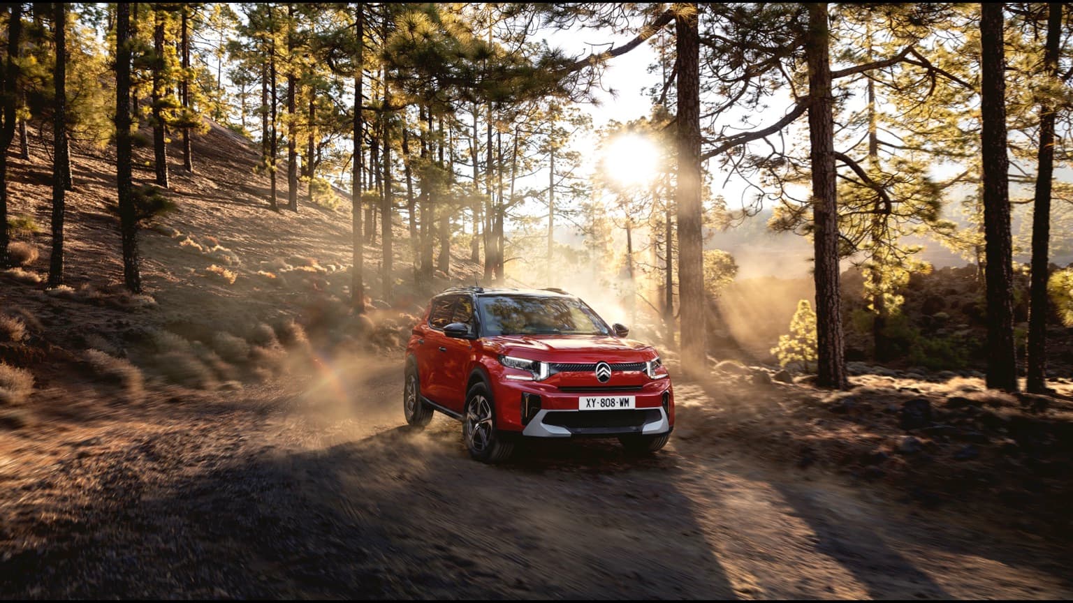 a red car driving on a dirt road with trees in the background