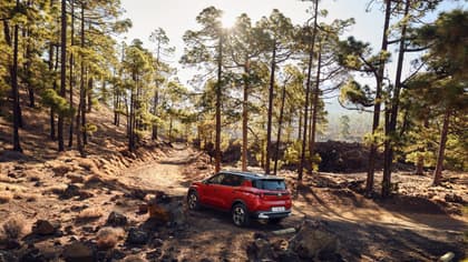 une voiture rouge garée sur un chemin de terre entouré d'arbres