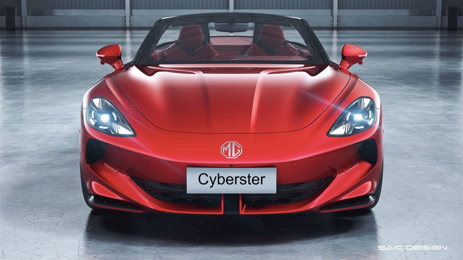 a red sports car with its headlights on