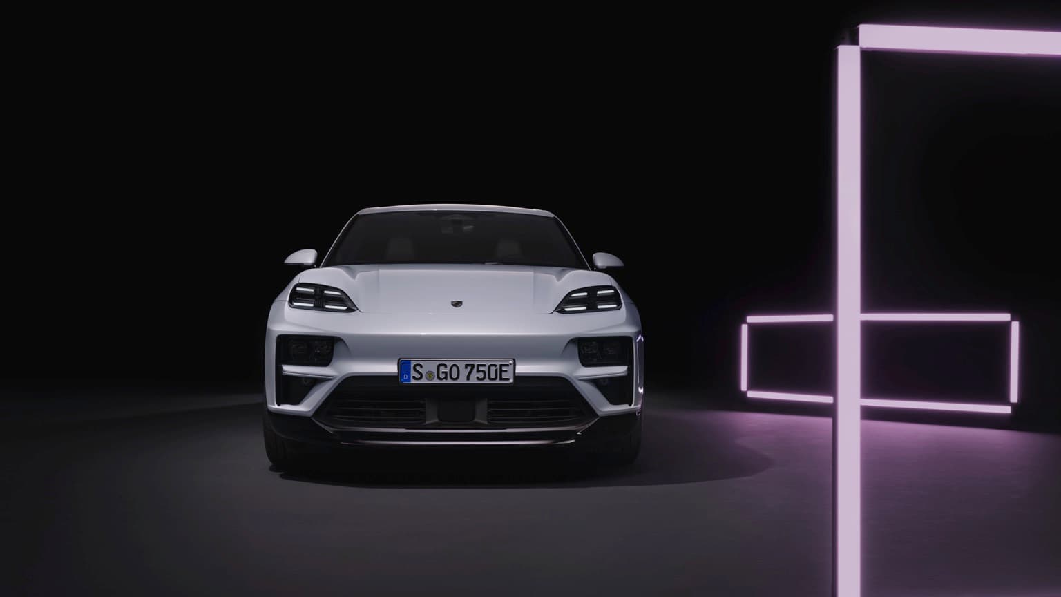 a white car in front of a purple square