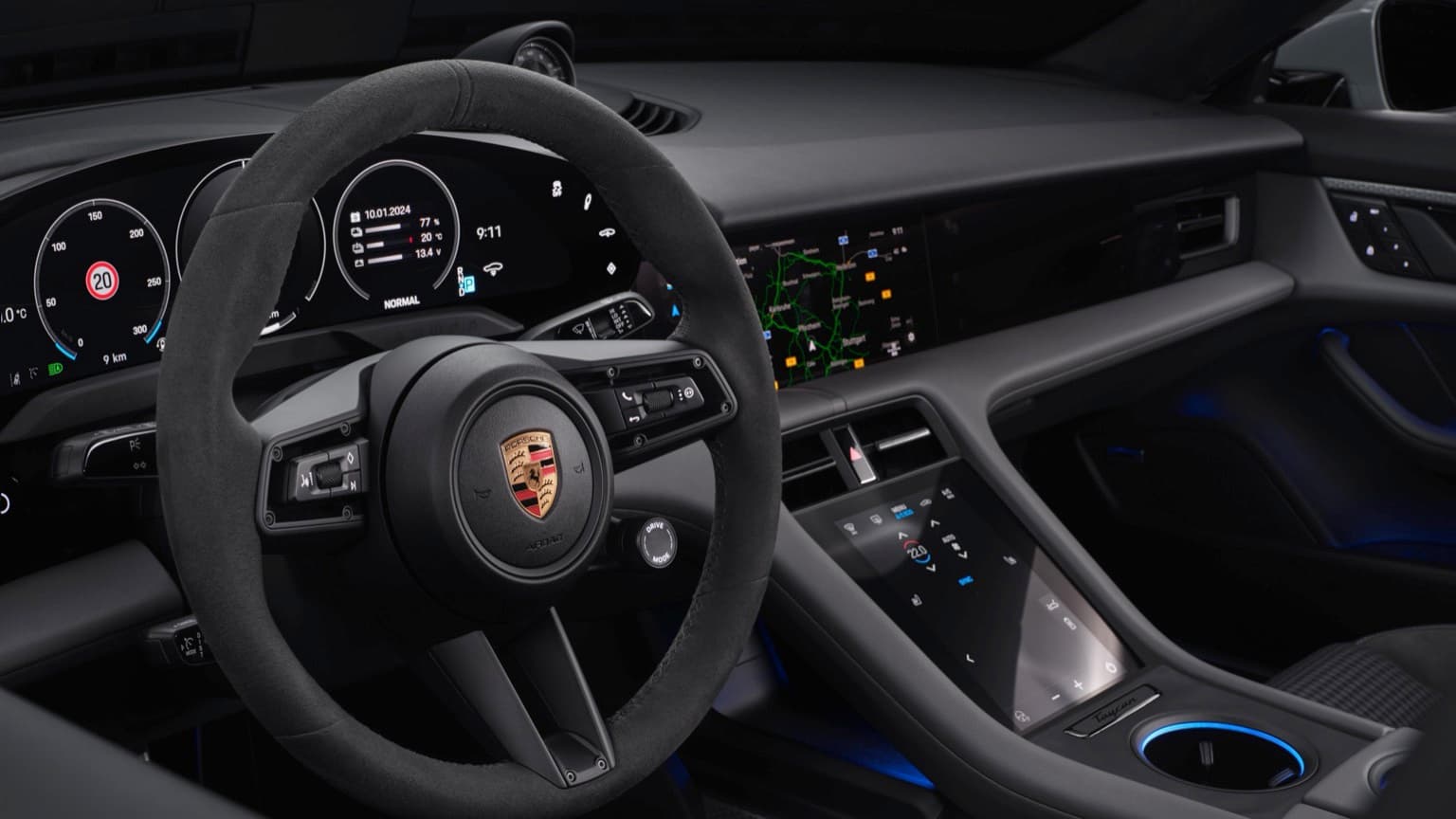 the steering wheel and dashboard of a car