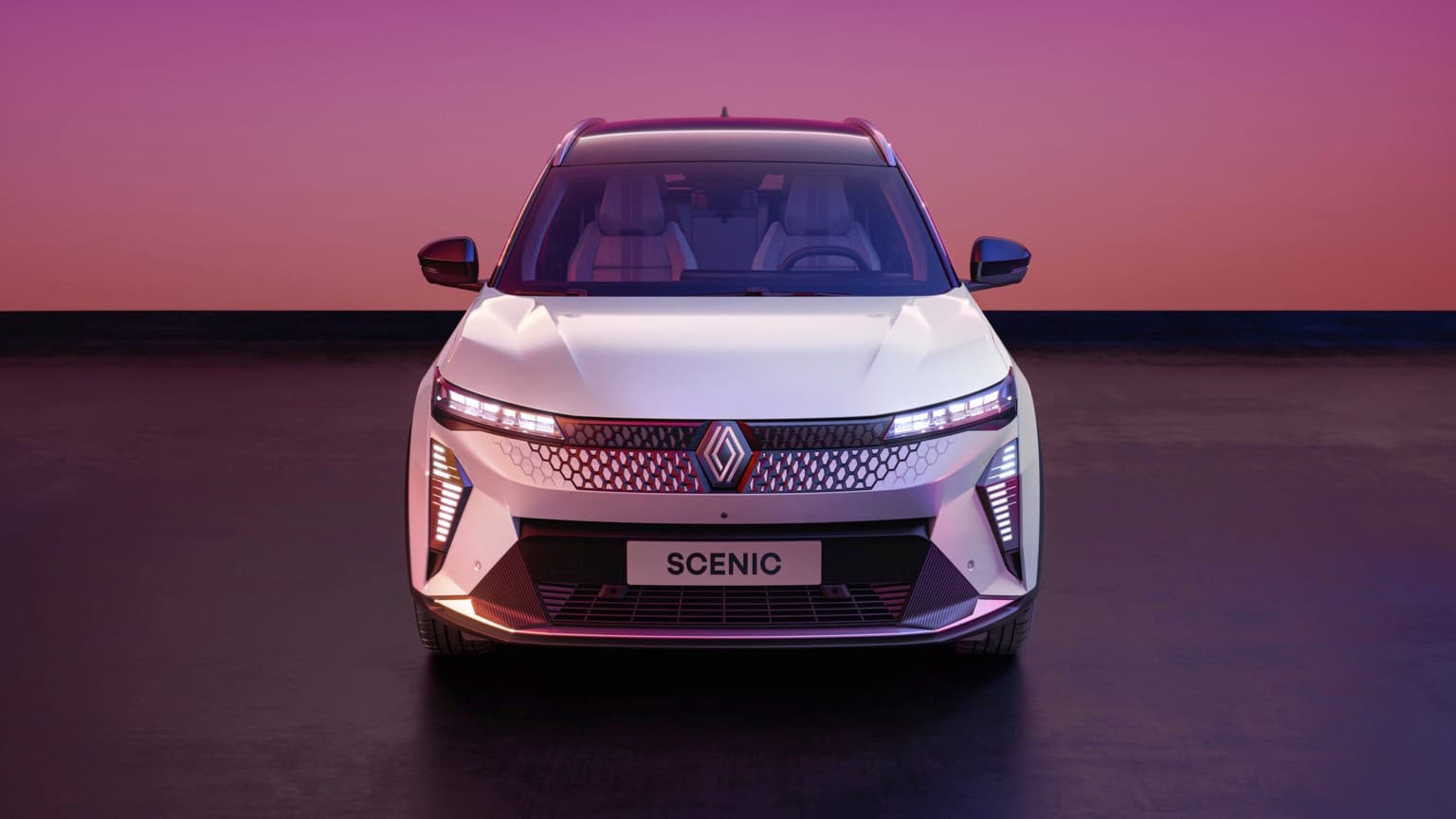 une voiture blanche sur fond violet et rose