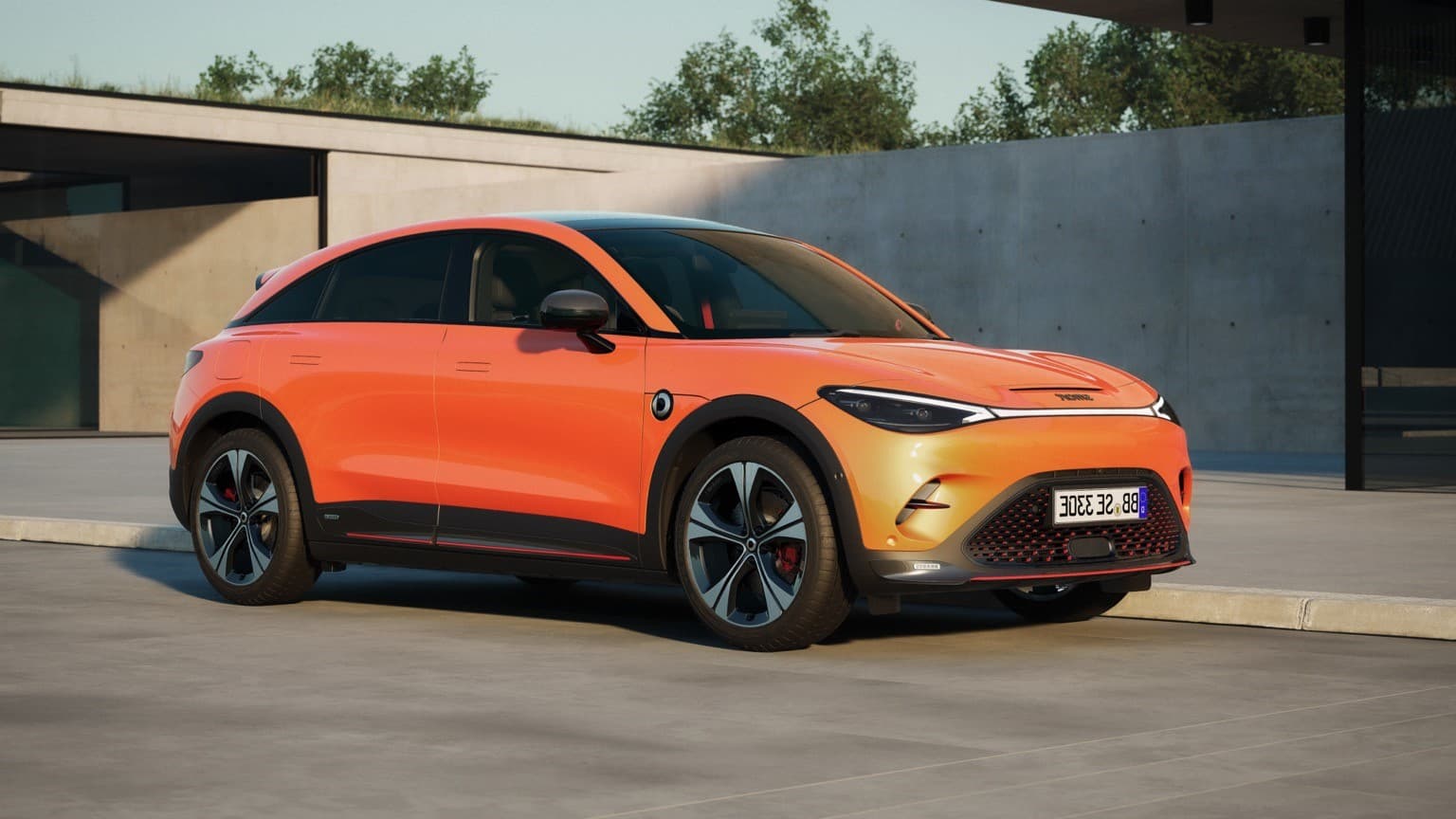 une voiture orange garée dans un parking