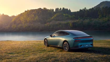 une voiture garée sur l'herbe près d'un plan d'eau