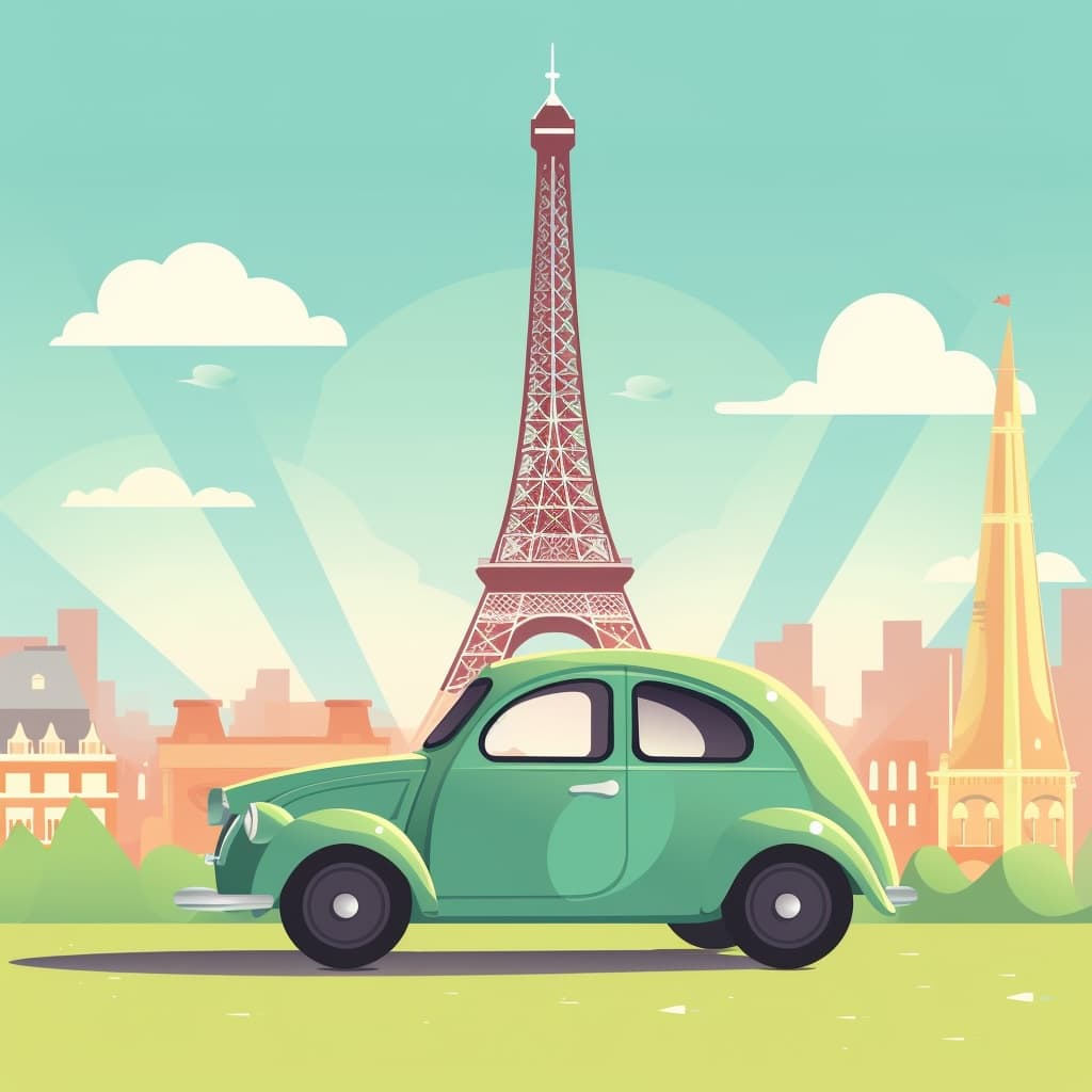 Car in front of the Eiffel tower.