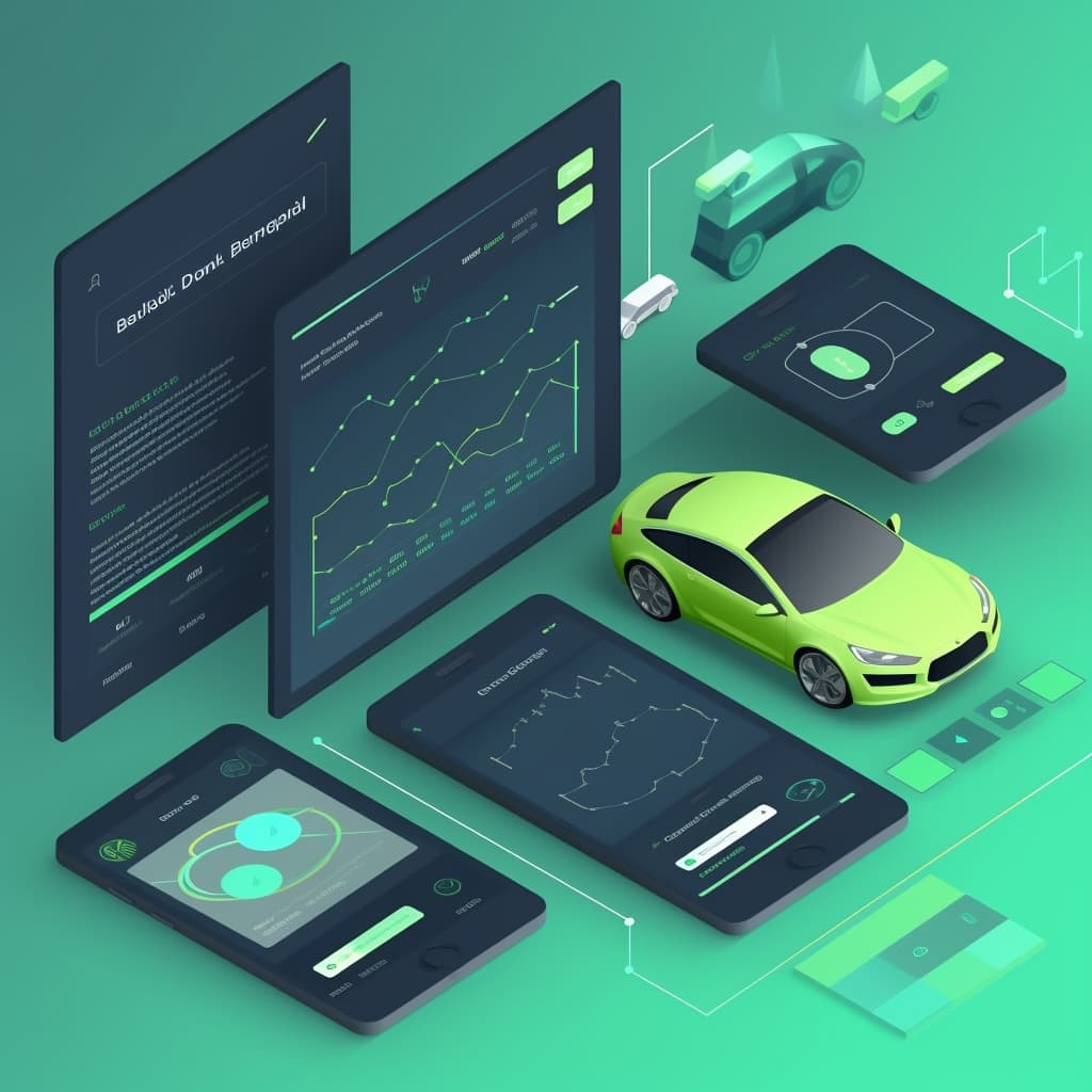 a green car next to several devices