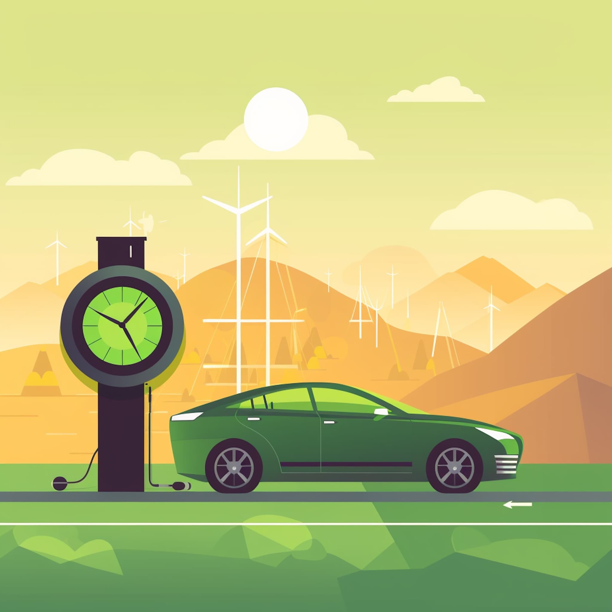 une voiture verte en train de se recharger à une grande horloge