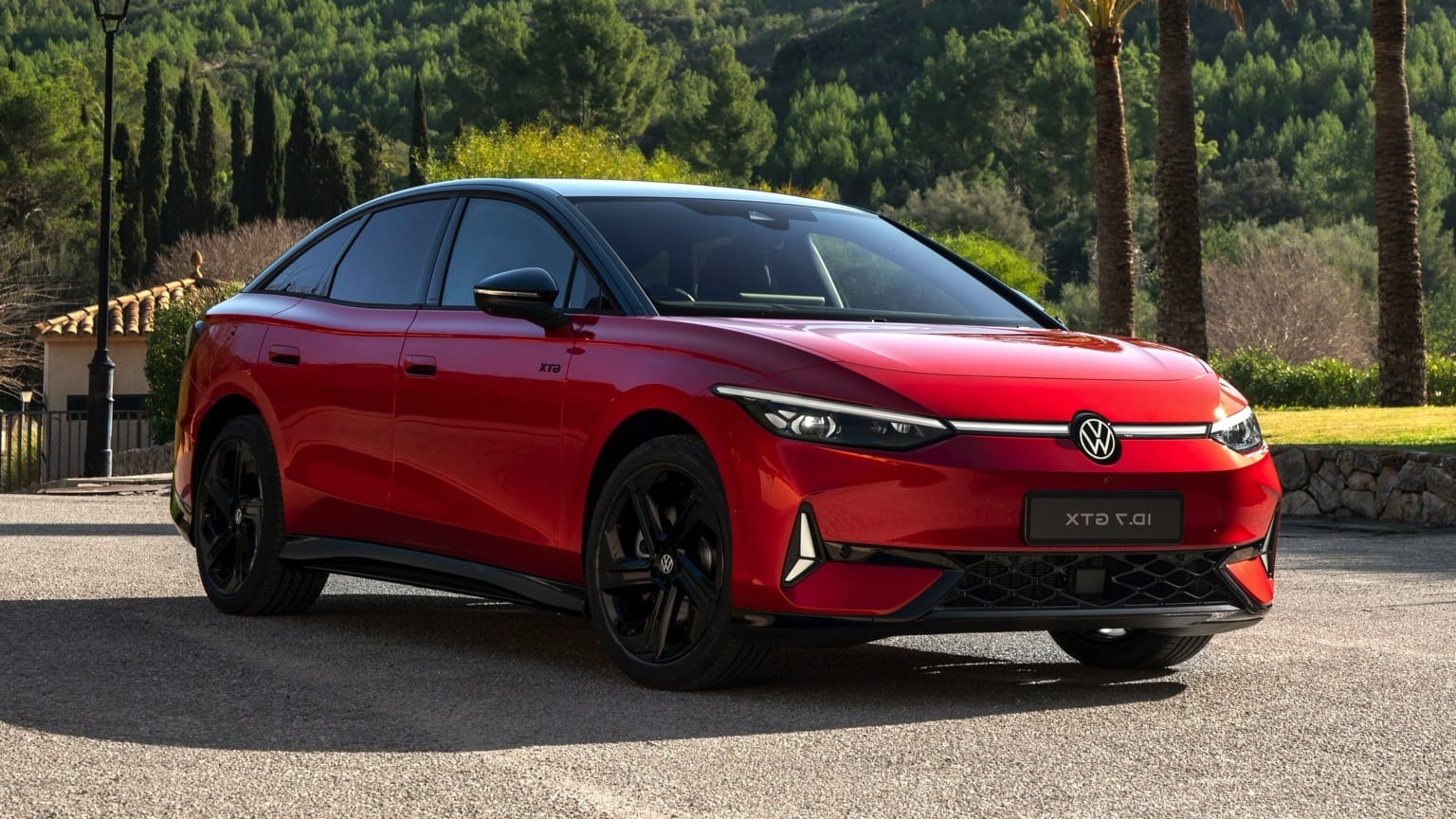 a red car parked on a road