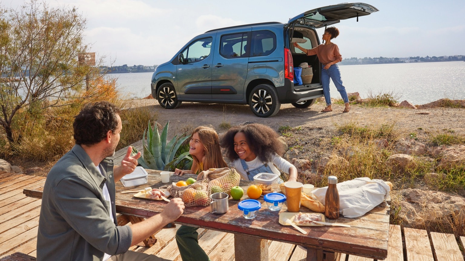 un groupe de personnes à une table de pique-nique avec une camionnette et une femme debout à l'arrière