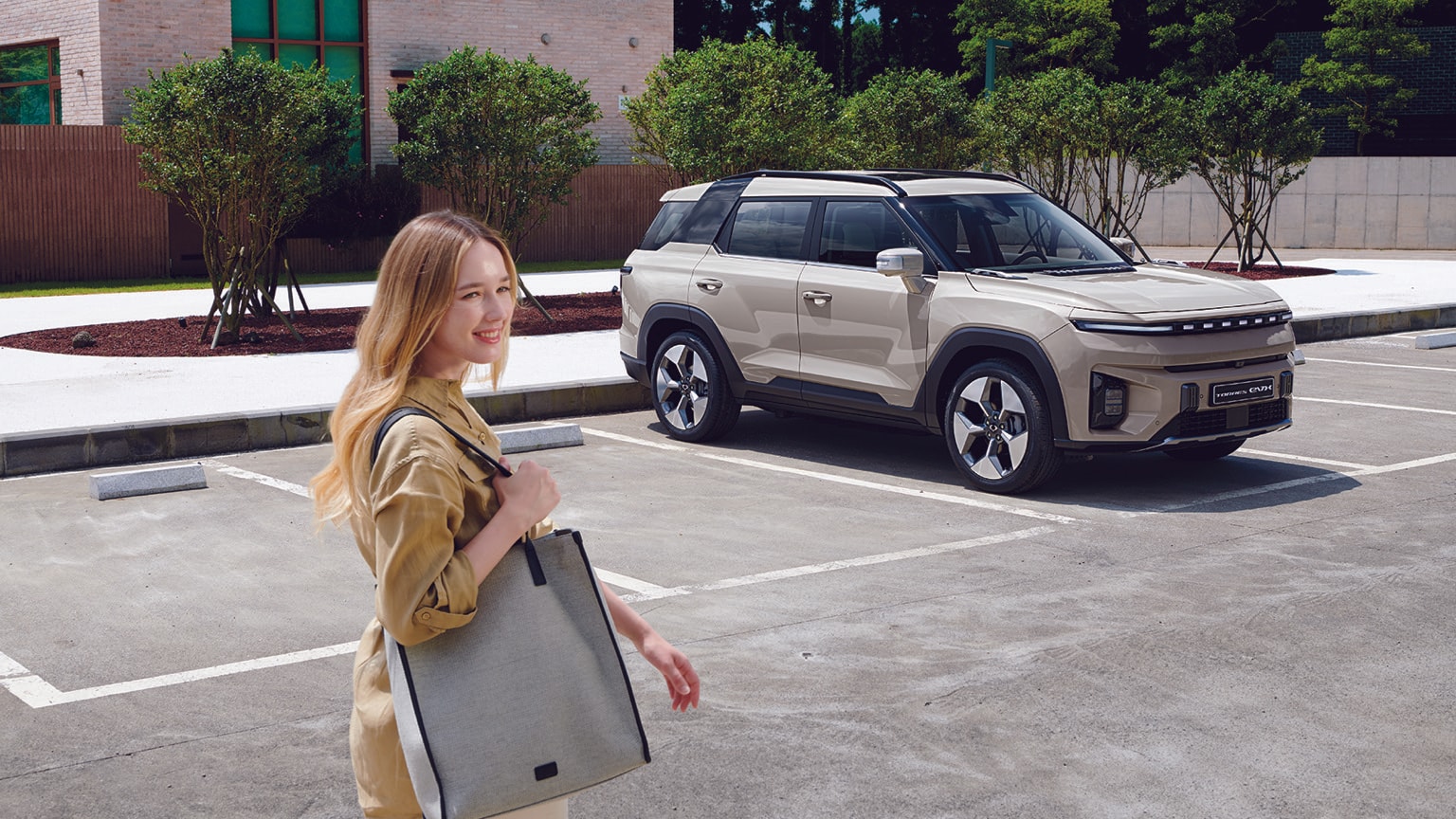 a woman walking in a parking lot