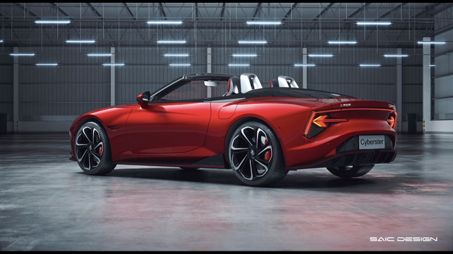 a red convertible car in a building