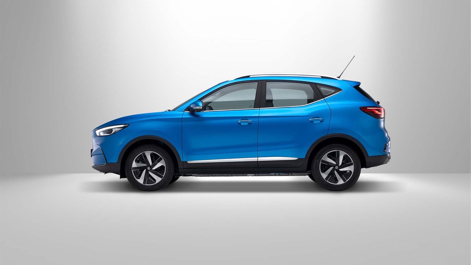 a blue car with black trim