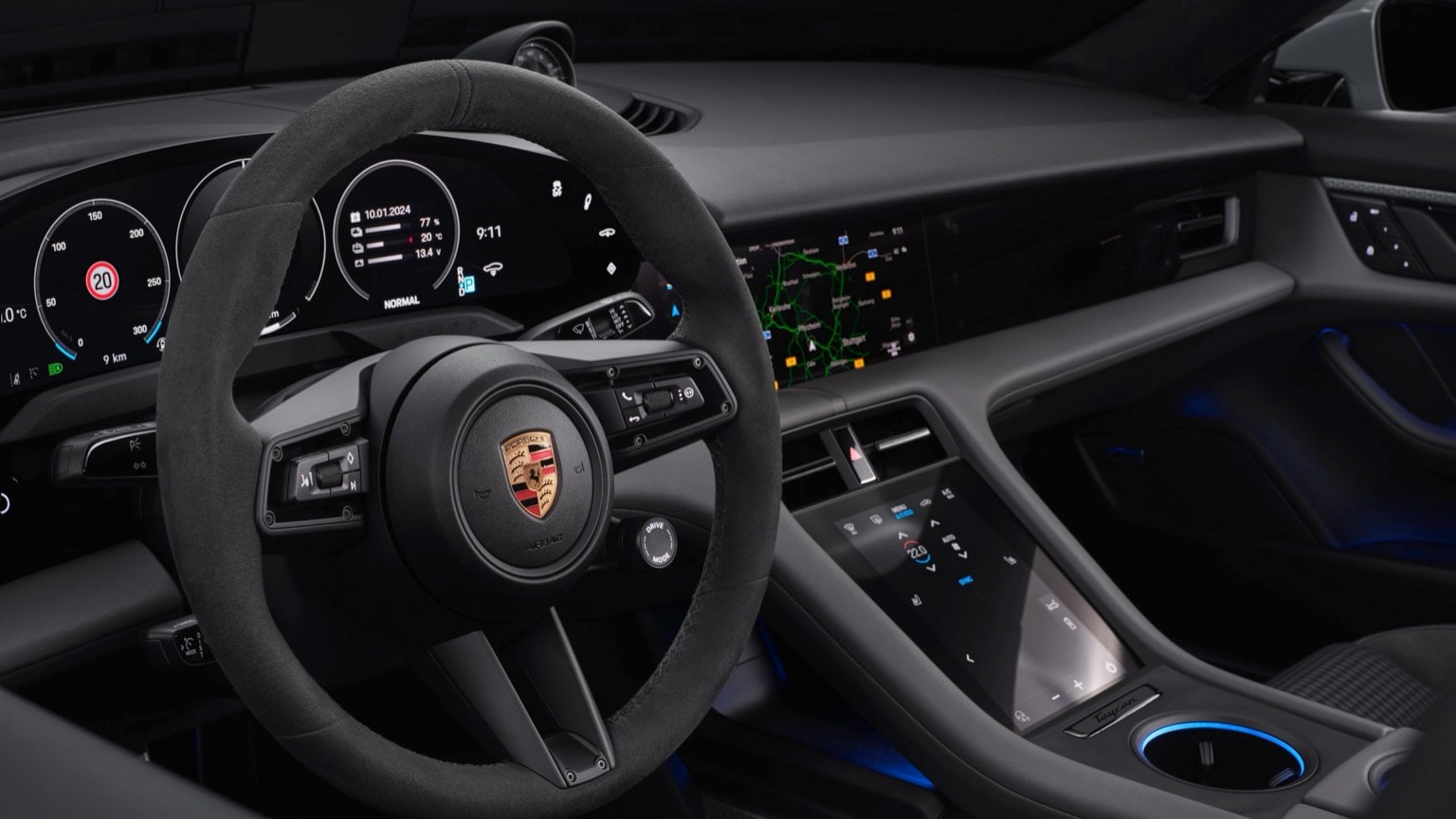 the steering wheel and dashboard of a car
