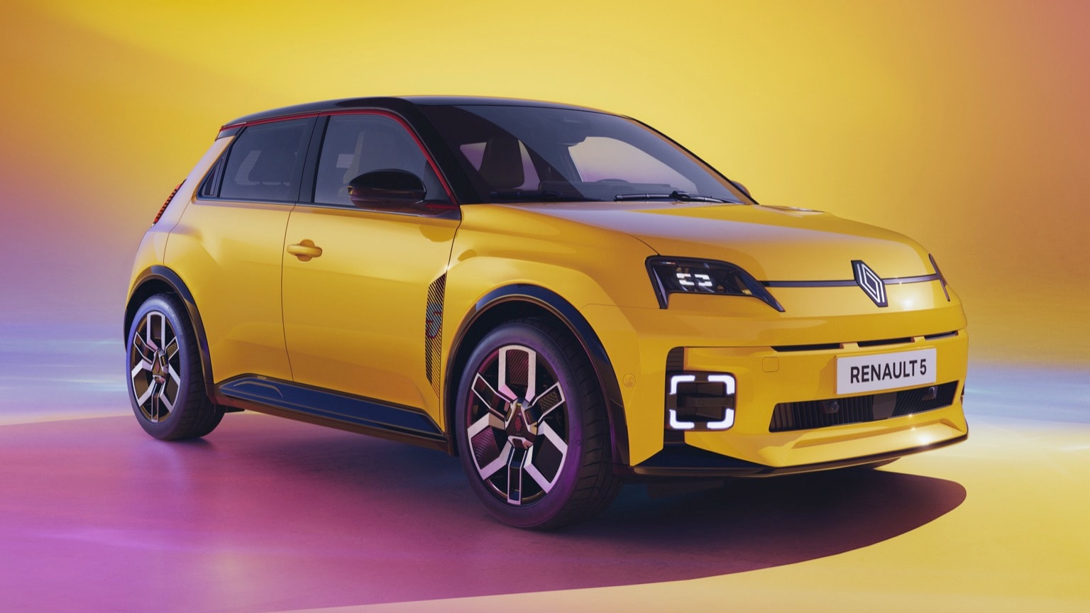 a yellow car with black trim