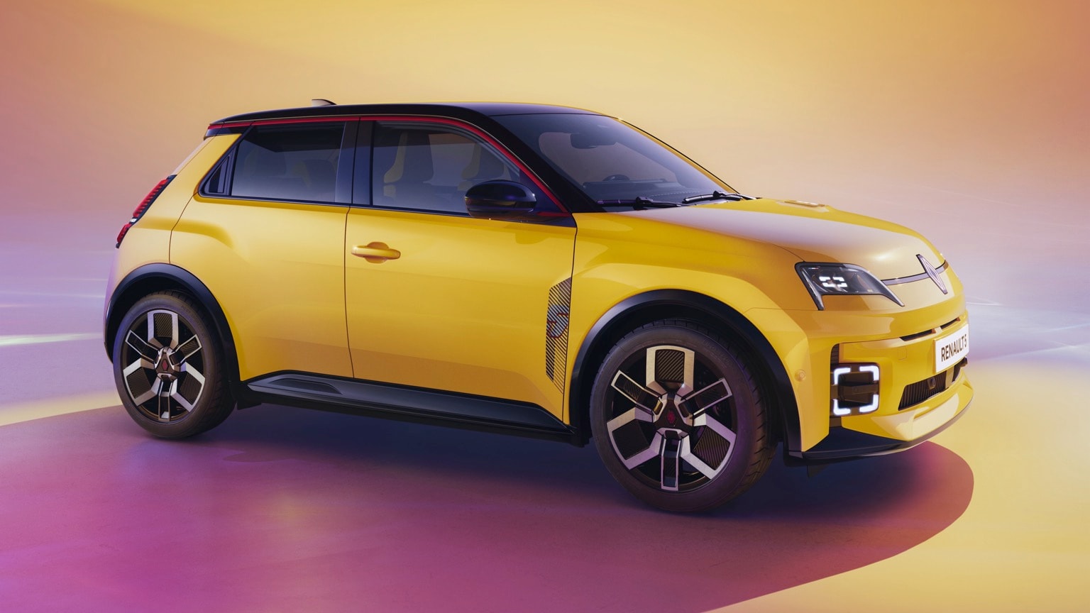 a yellow car parked on a purple surface