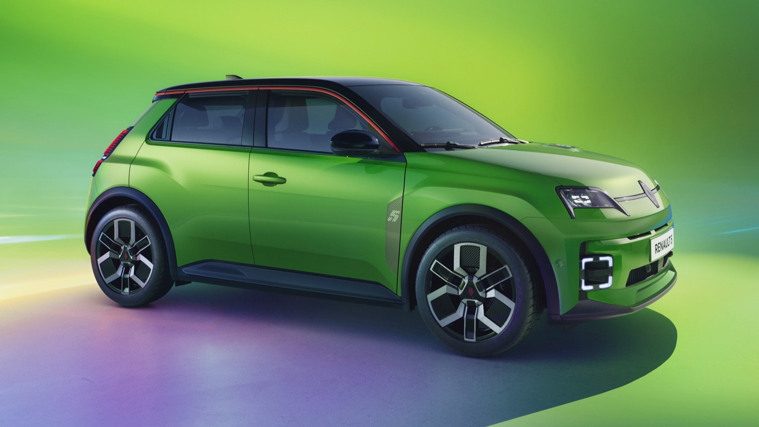a green car parked on a purple and green surface