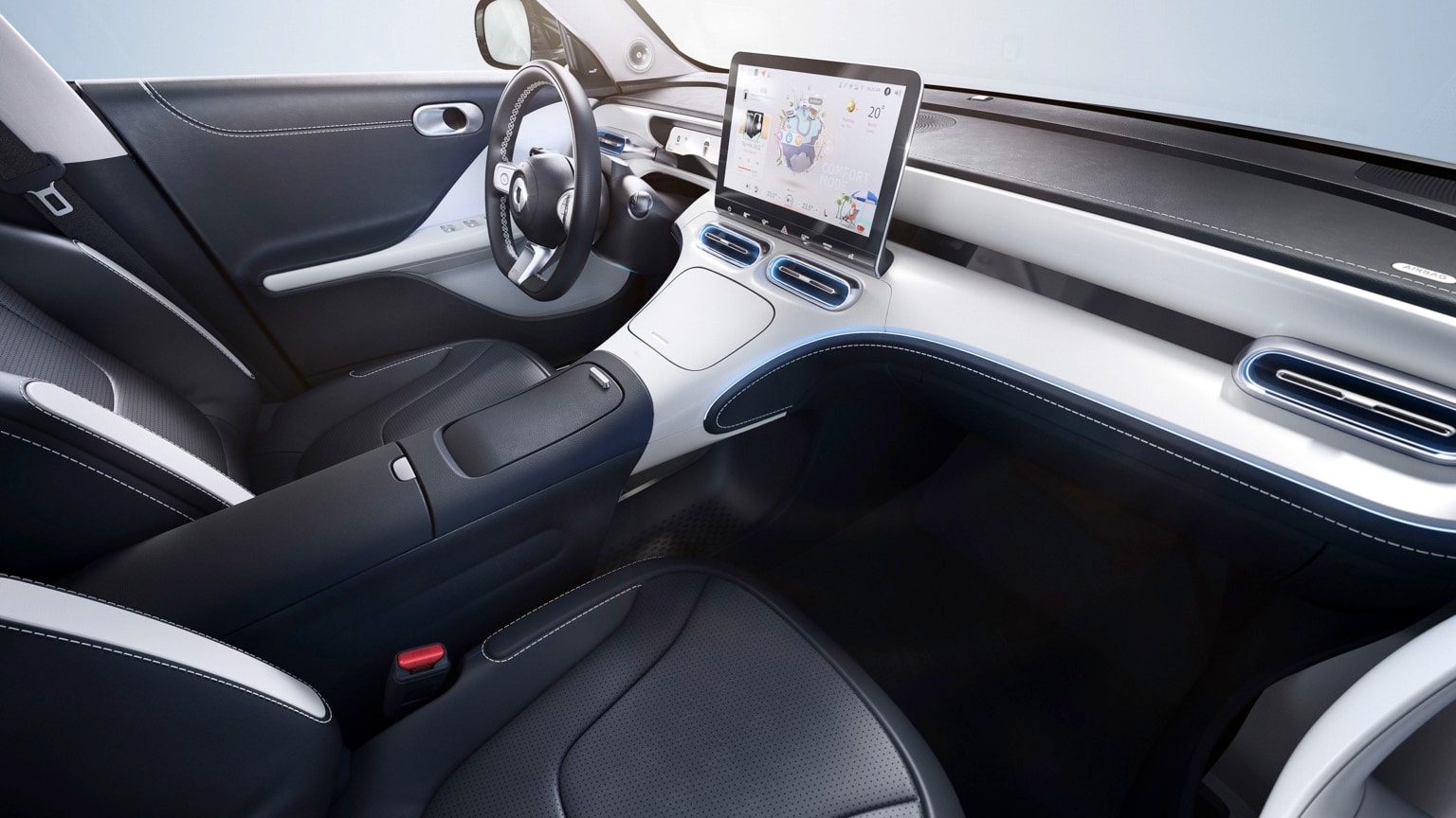l'intérieur d'une voiture avec un ordinateur portable sur le siège avant