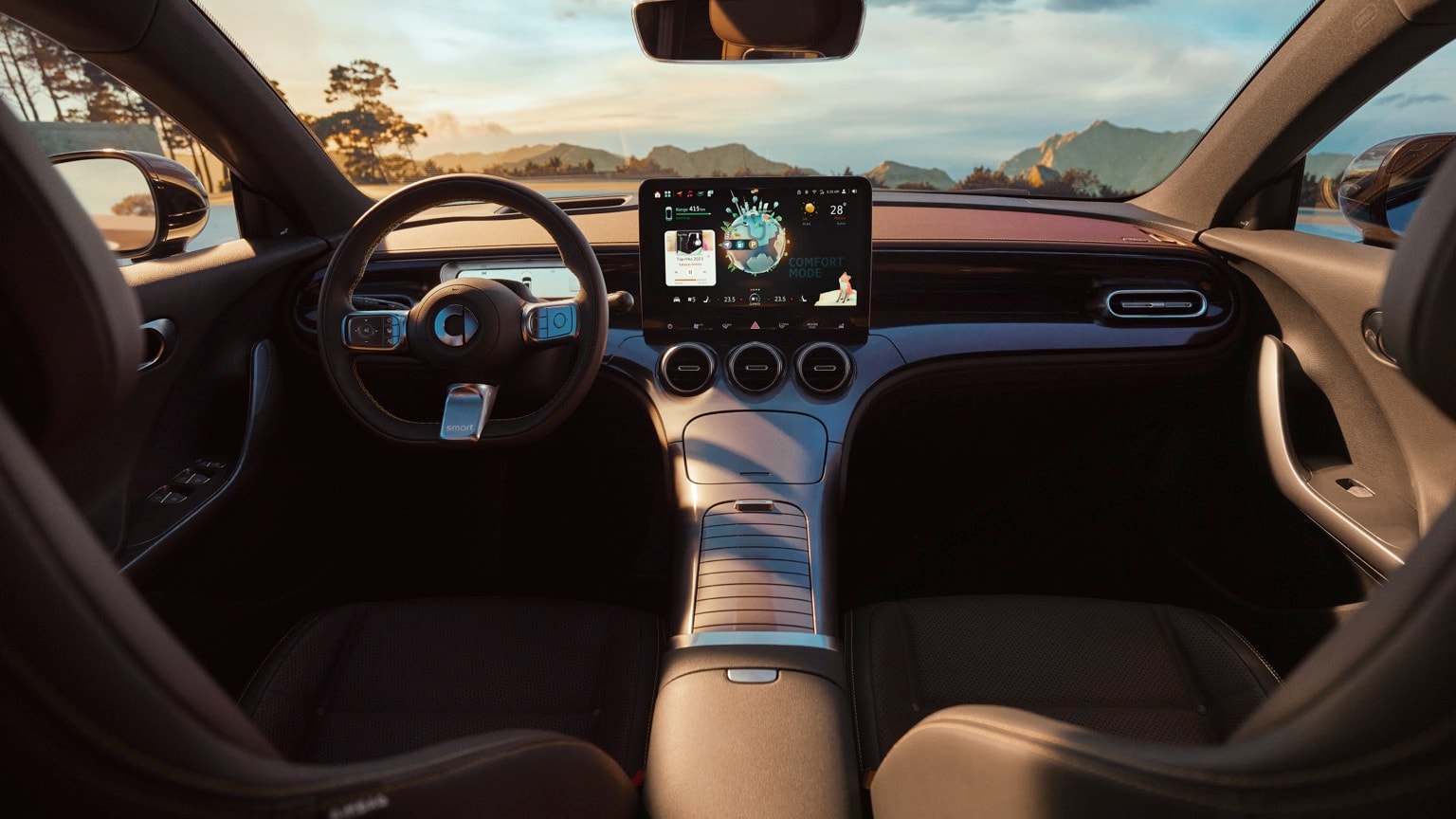l'intérieur d'une voiture avec un écran sur le volant