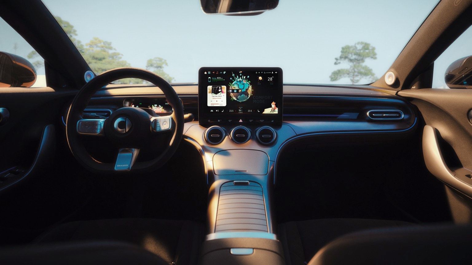 l'intérieur d'une voiture avec un écran sur le tableau de bord