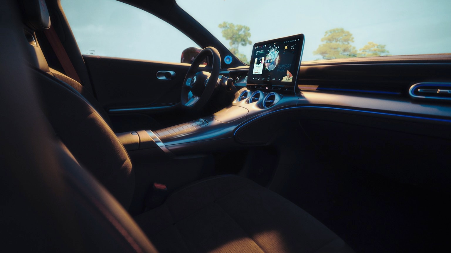 l'intérieur d'une voiture avec un ordinateur portable sur le tableau de bord