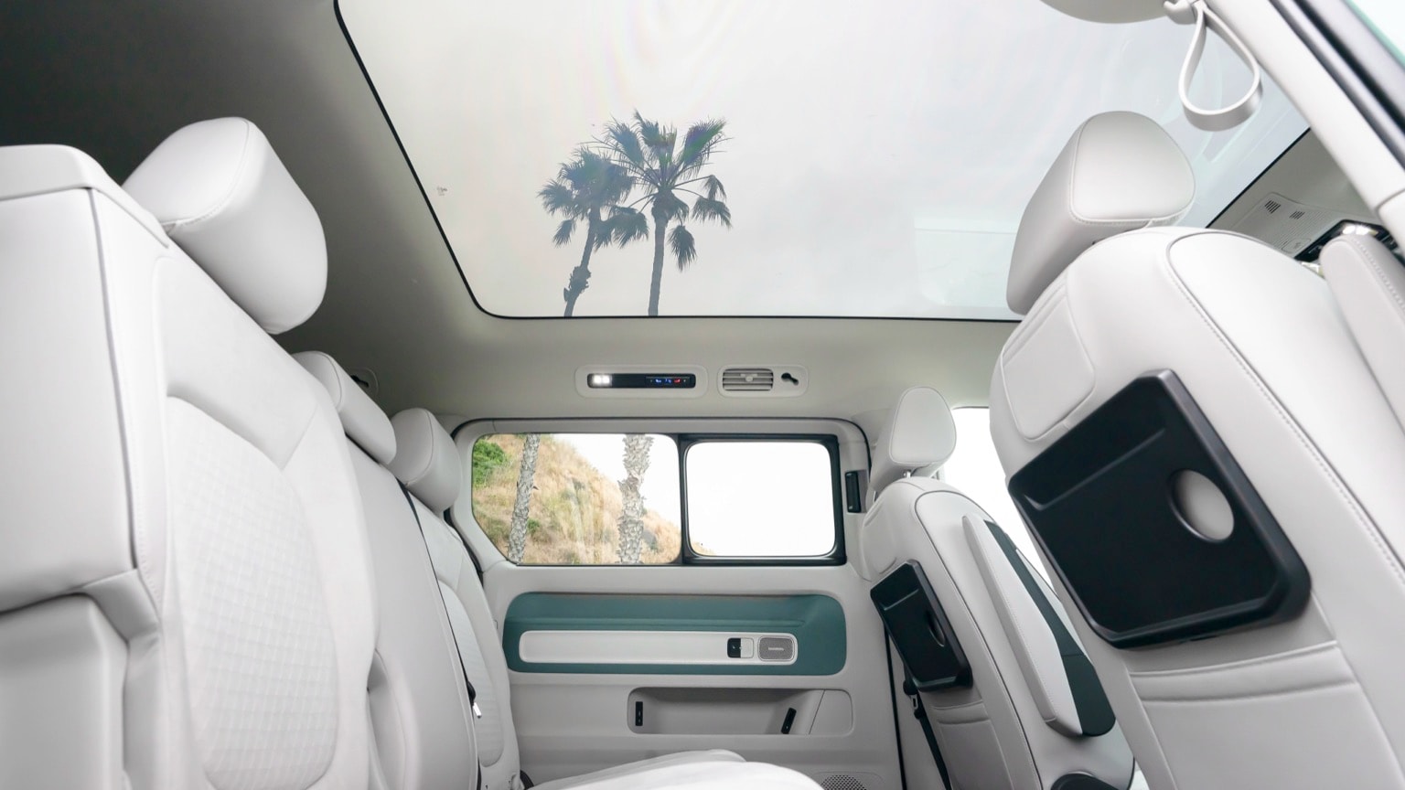 l'intérieur d'une voiture avec un palmier à l'arrière