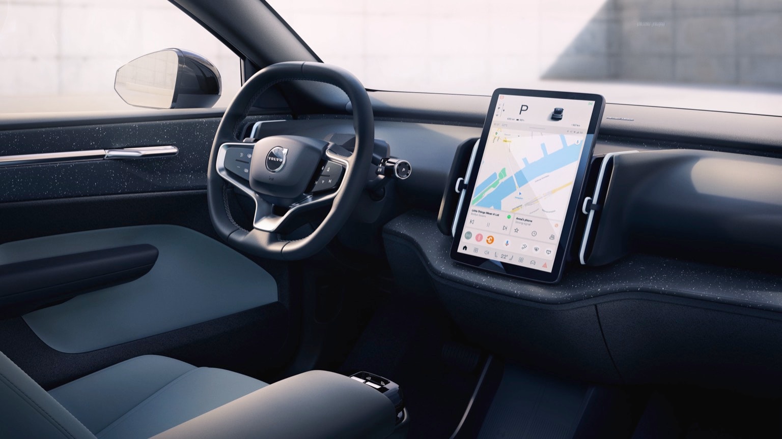 une voiture avec une tablette sur le tableau de bord