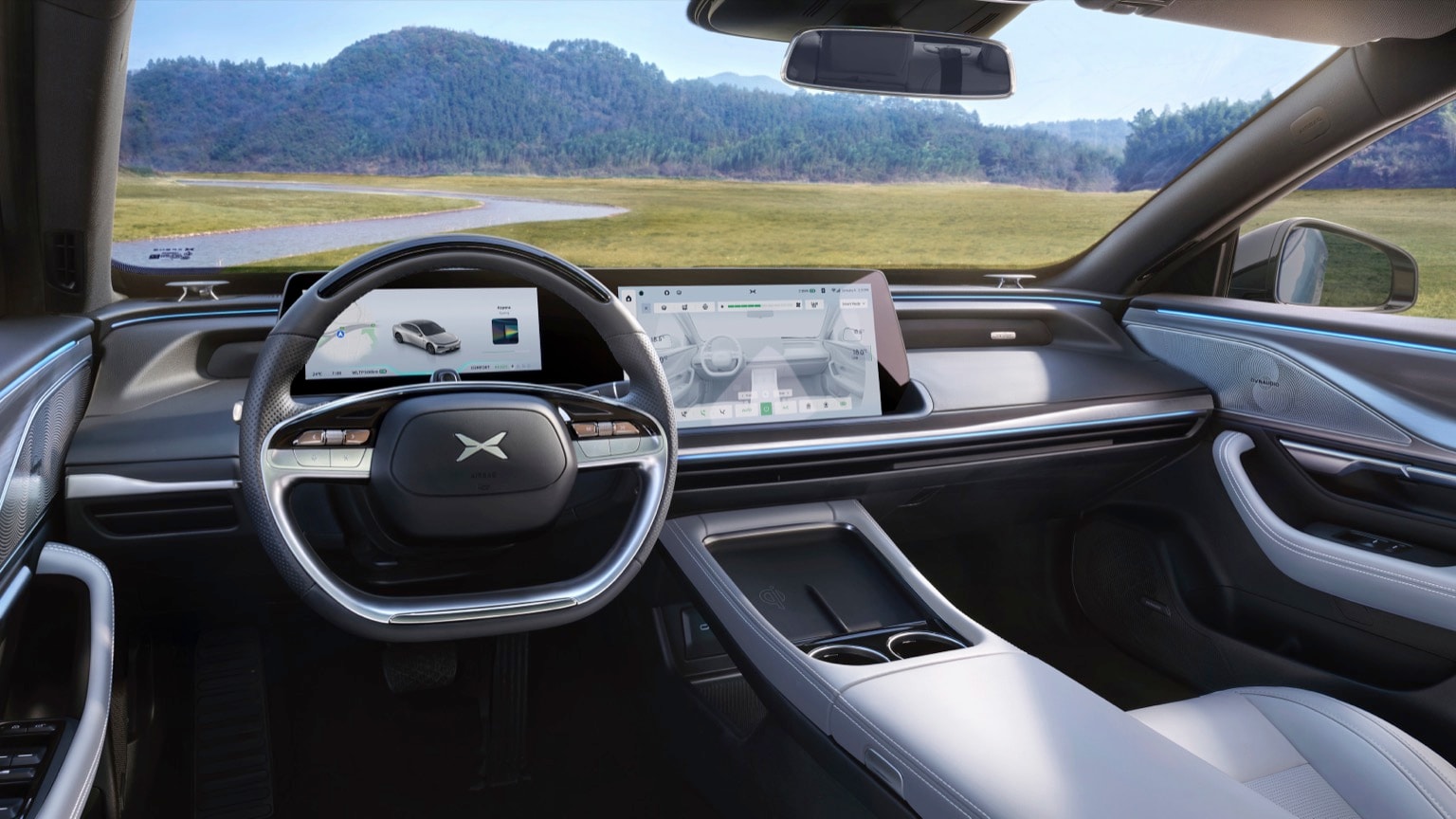 l'intérieur d'une voiture avec un volant et un écran