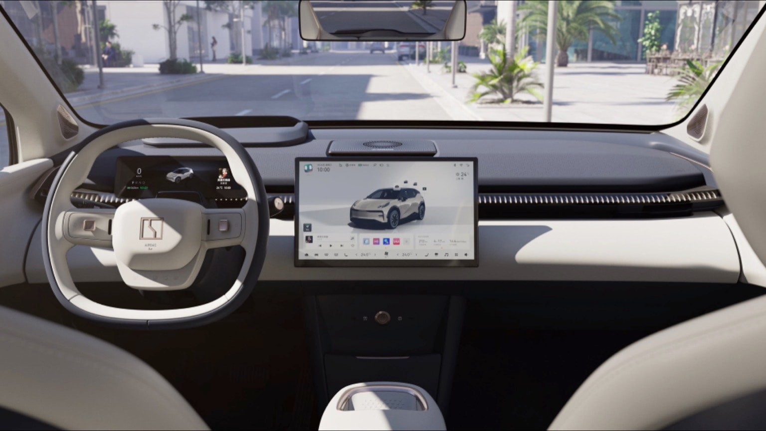 un tableau de bord de voiture avec un écran et un volant